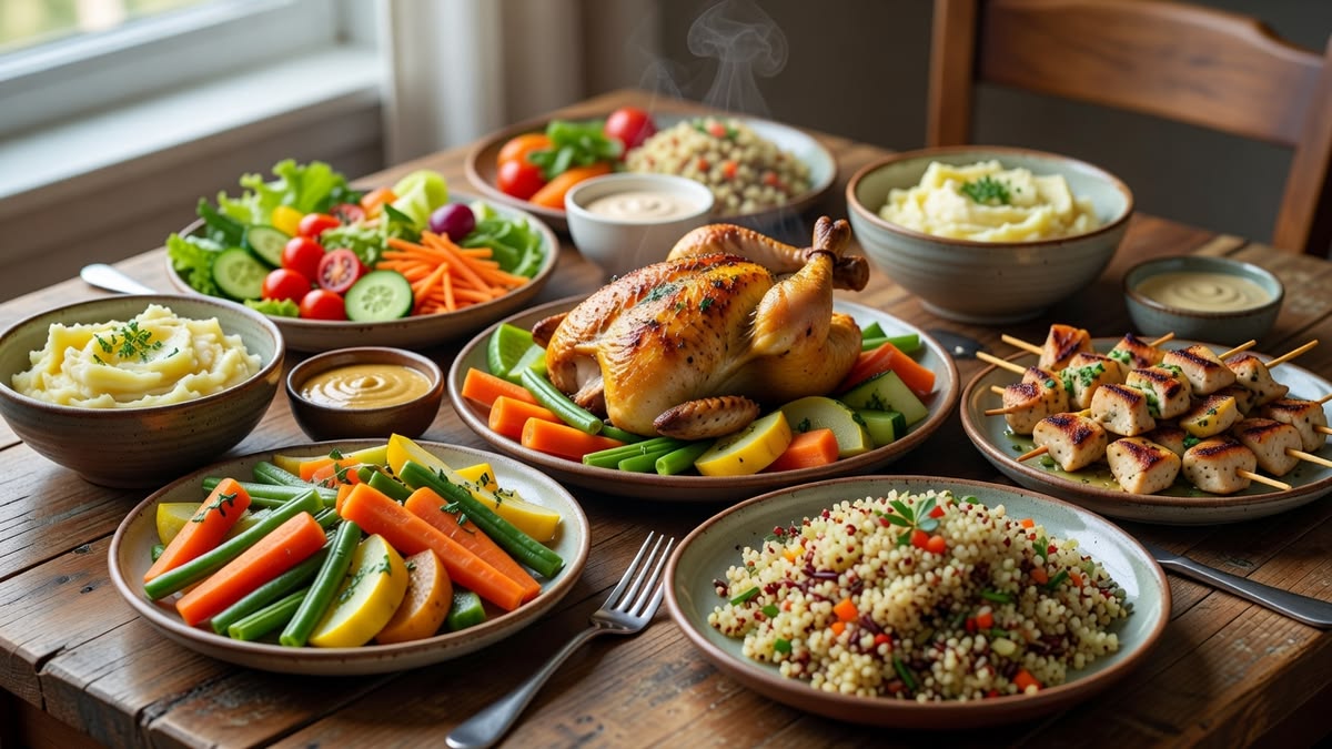 Mesa con pollo asado, vegetales frescos, ensalada de quinoa y brochetas, listos para comer